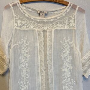 Lucky Brand White Lace Embroidered Mesh Boho Tunic Top Dress XS Chiffon